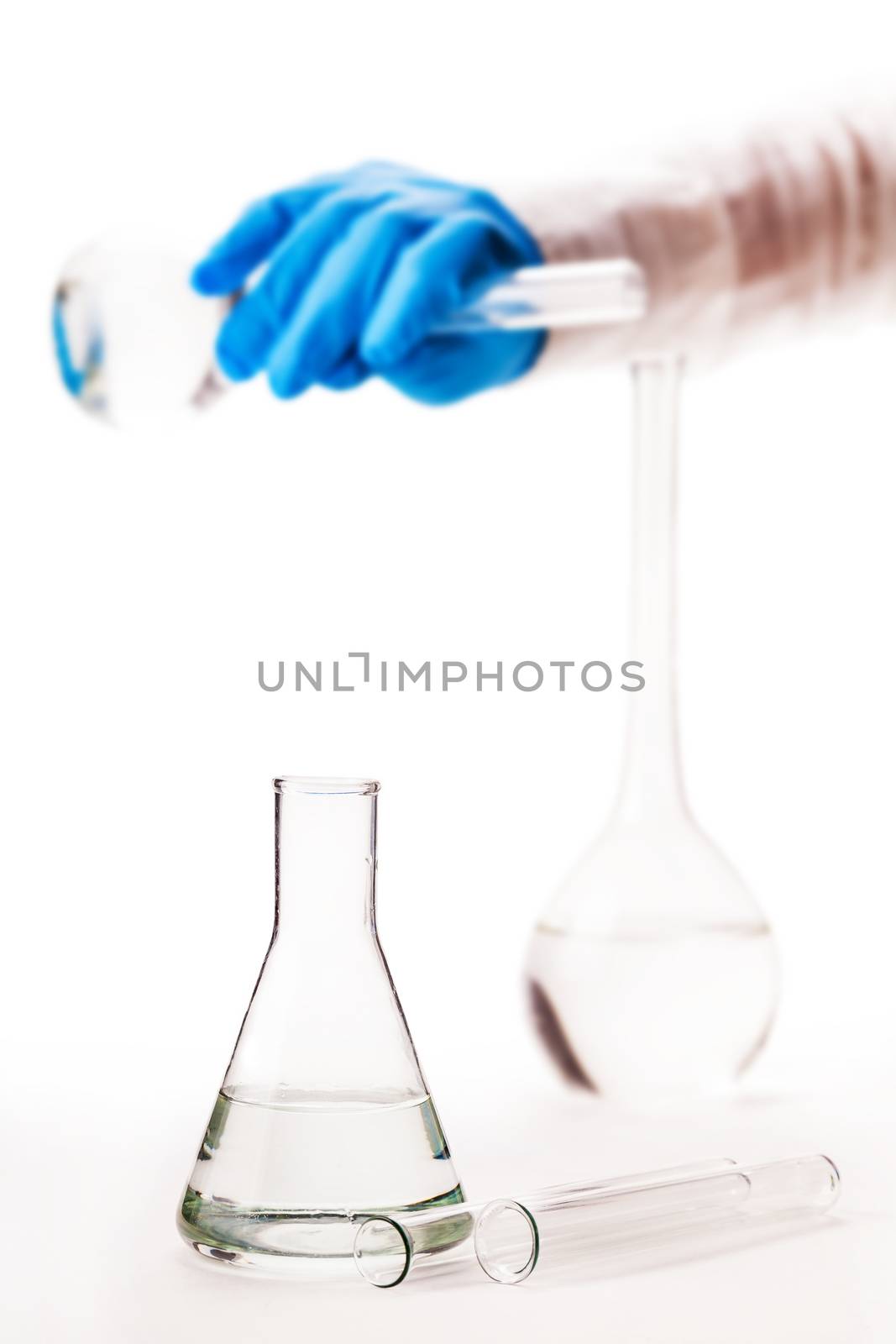 assistant conducting chemical experiments on a white background