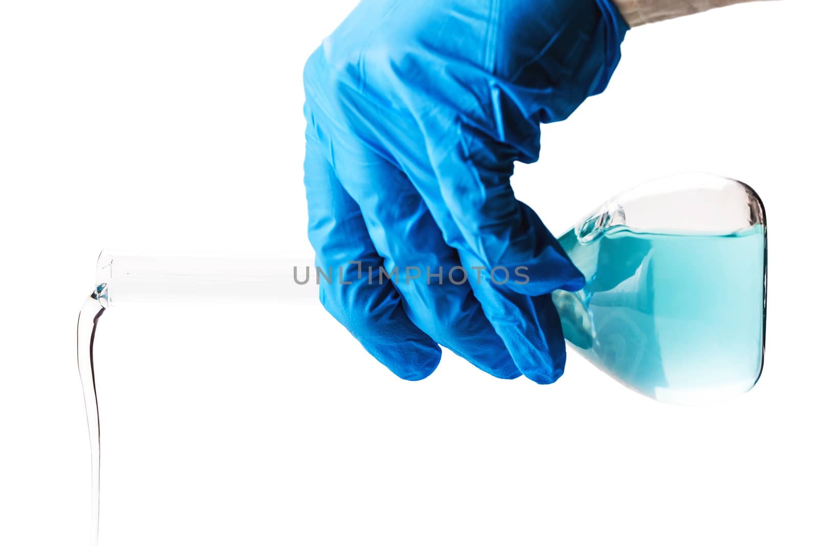 laboratorian reagent pouring on white isolated background