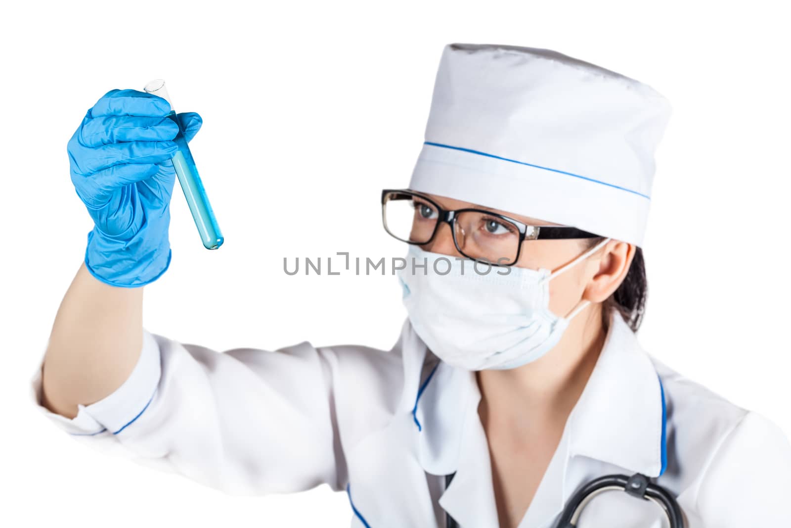 nurse looking contents of the tube on a white background