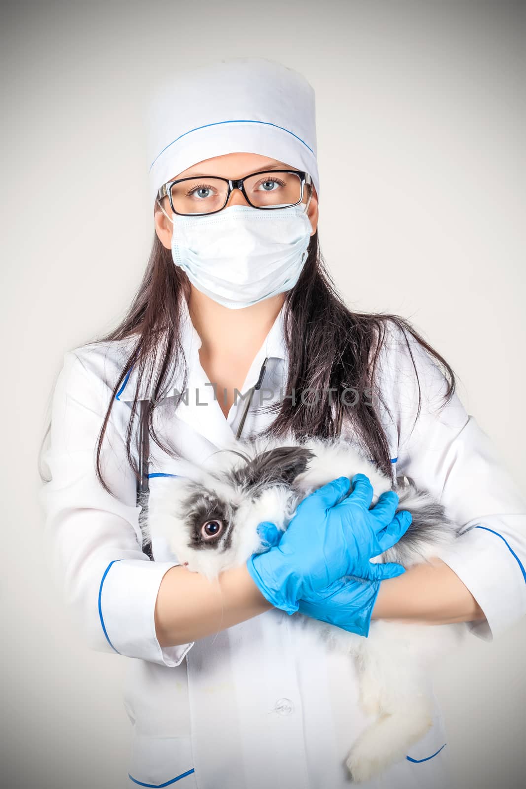 portrait of a doctor with a decorative rabbit in hands