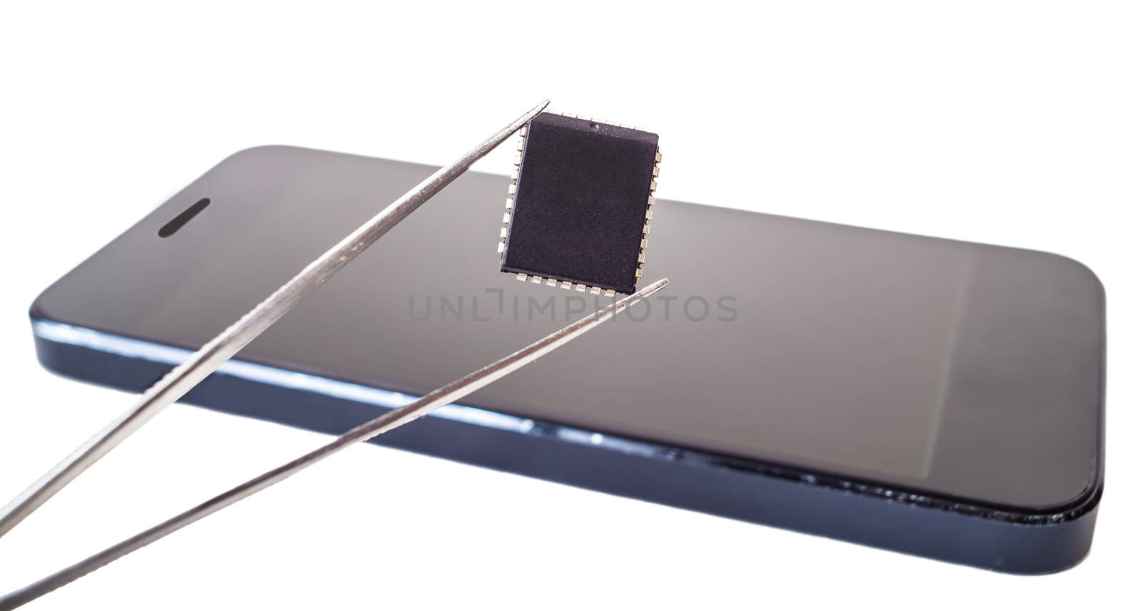 tweezers with detail and phone close-up on white isolated background