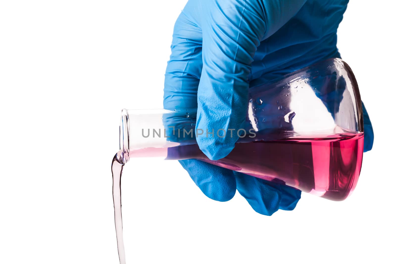 assistant reagent pouring on white isolated background