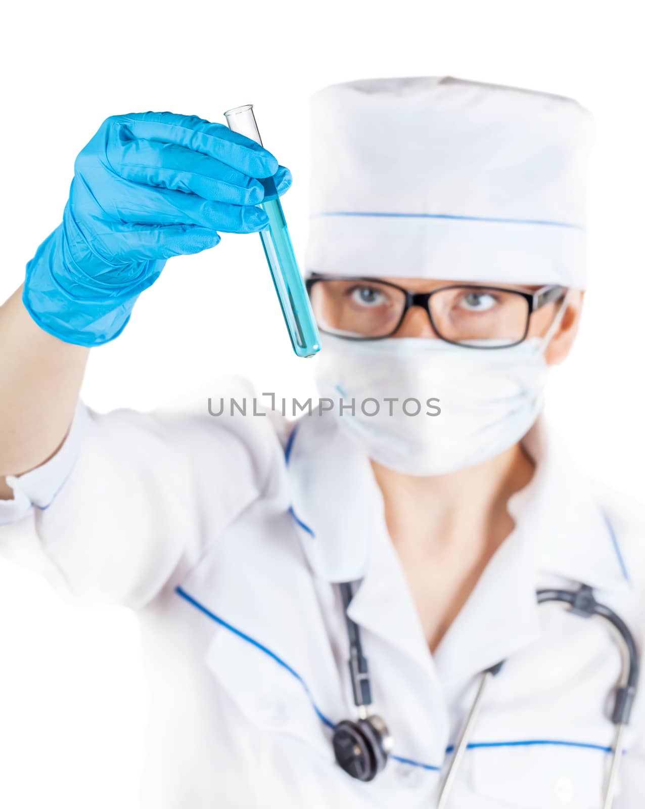 doctor looking contents of the tube on a white background