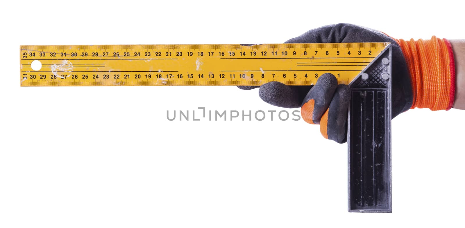 Men's gloved hand keeps angle isolated on white background