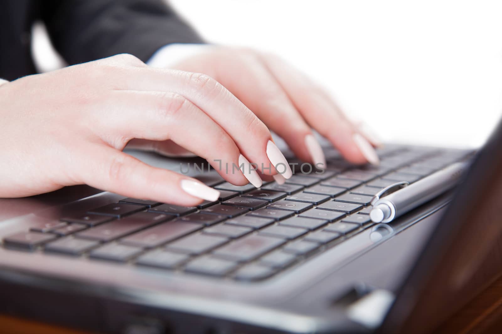 hands using laptop, isolated white background