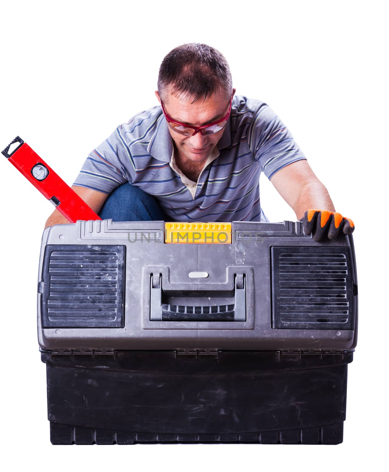 man opened the box with tools isolated white background
