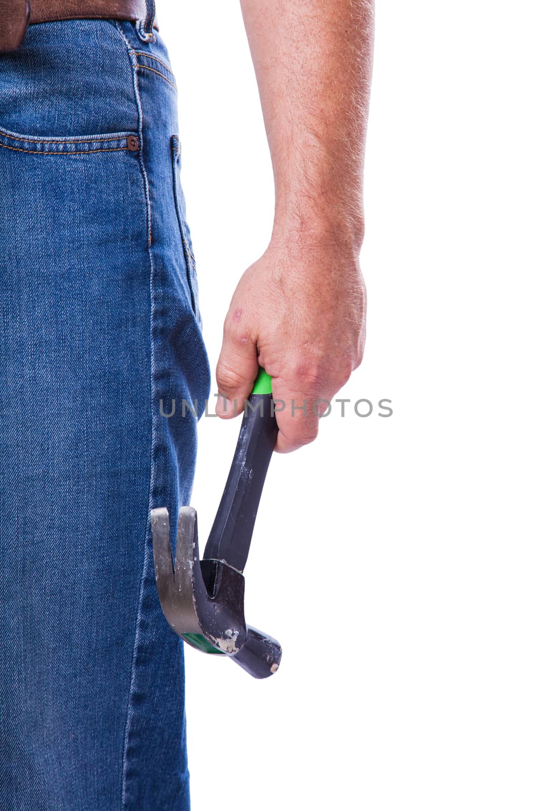 male hand holding a hammer isolated on white background