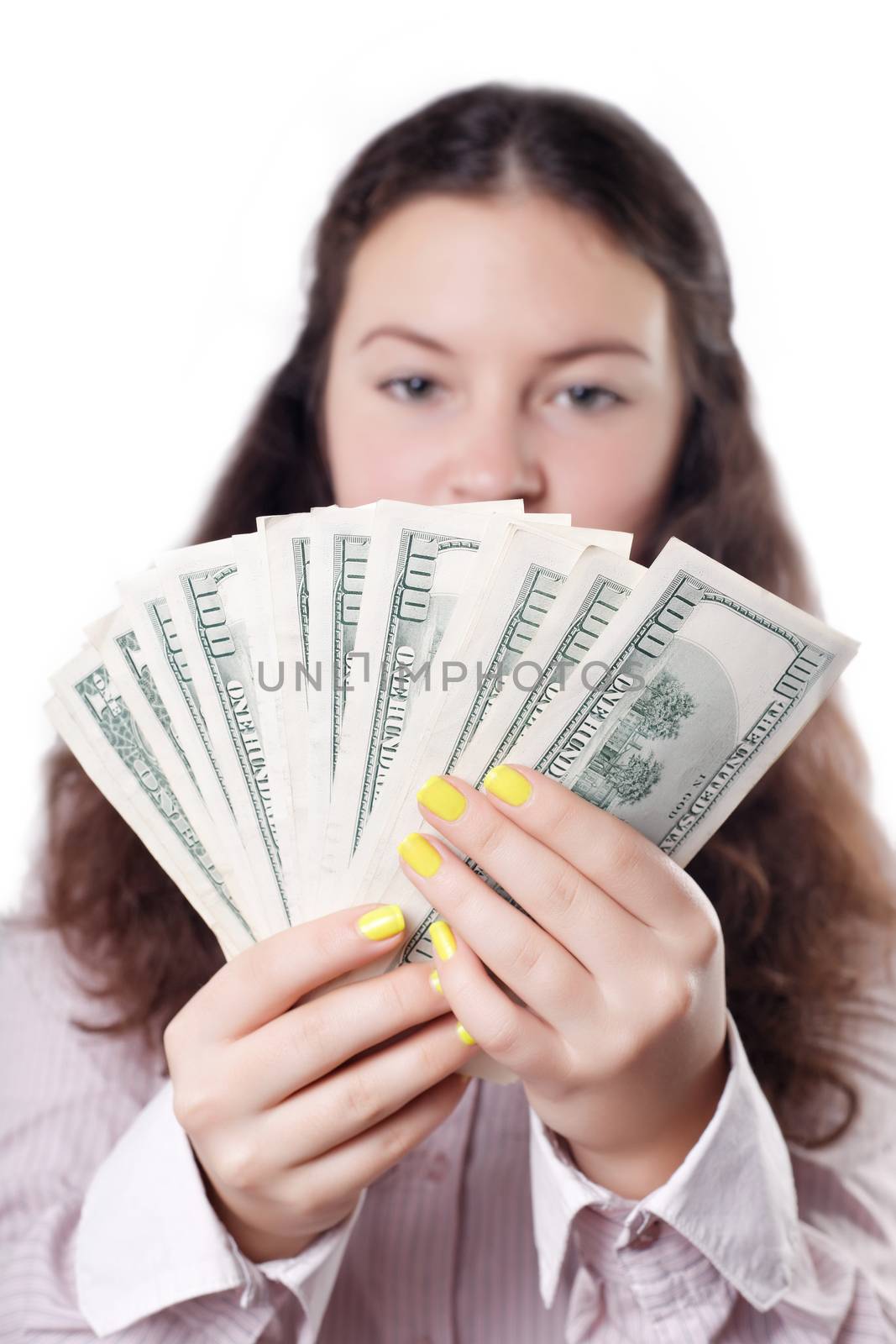 cute brunette girl considers money isolated