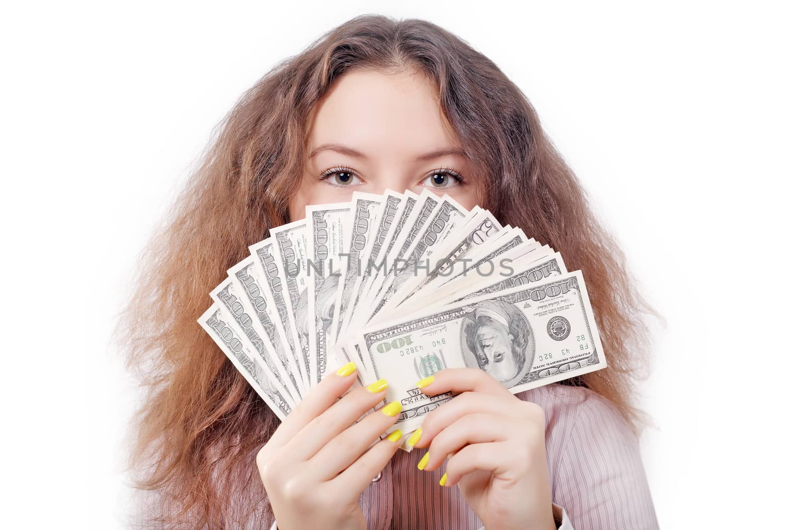 portrait of a girl with a fan of money isolated 