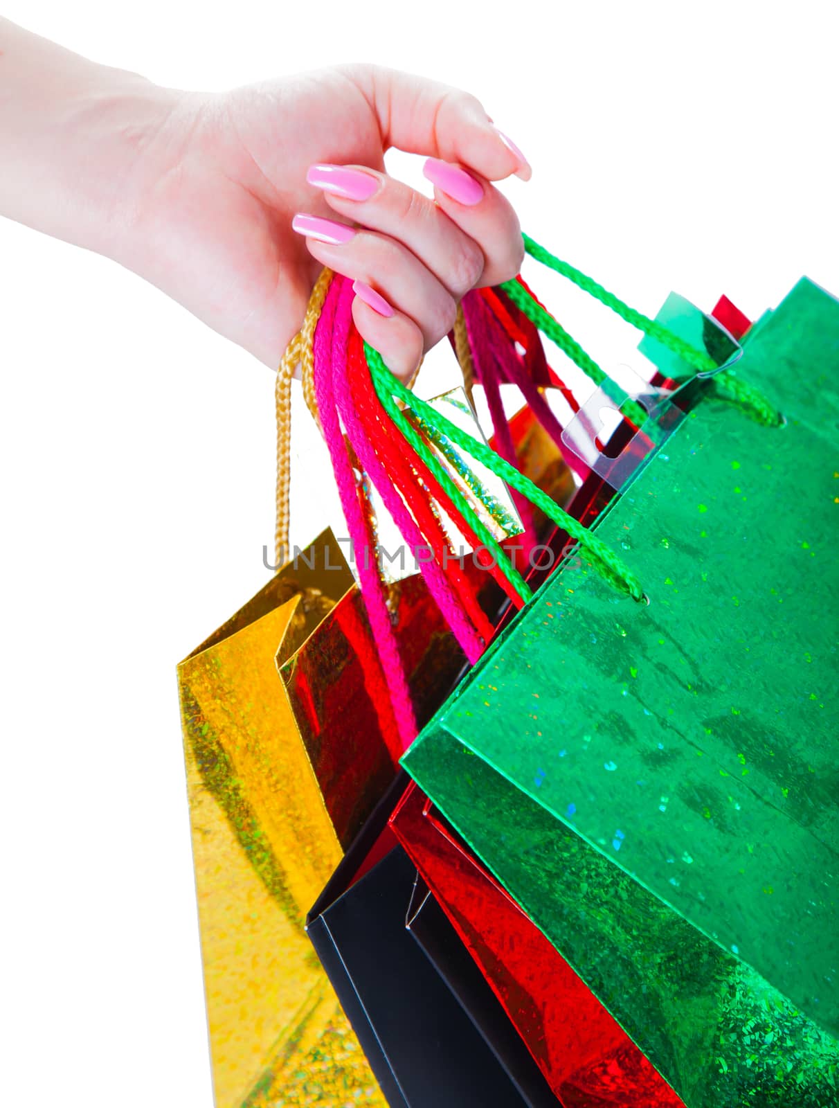 bags hang on his hand, isolated white background
