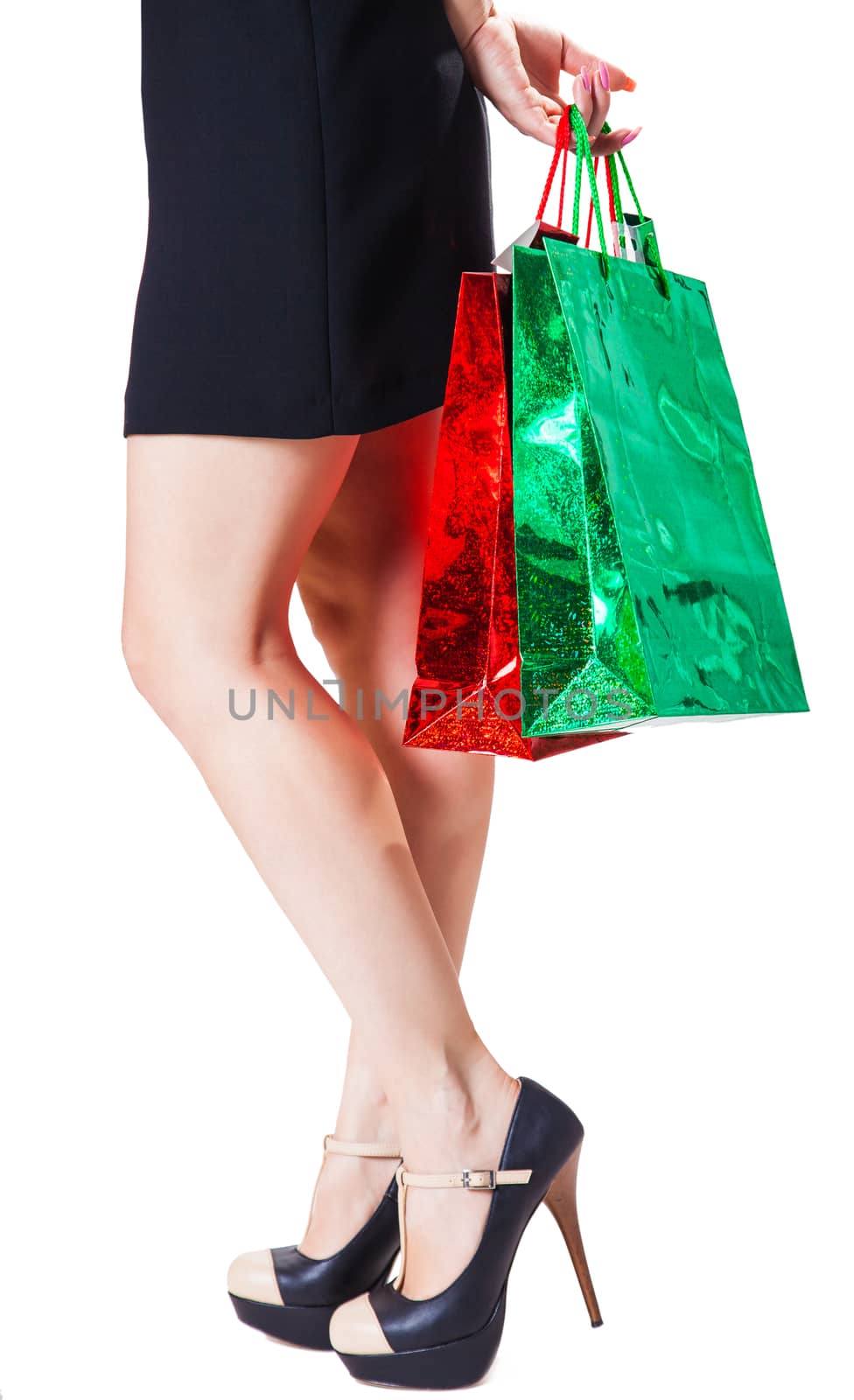 view of female legs, isolated white background