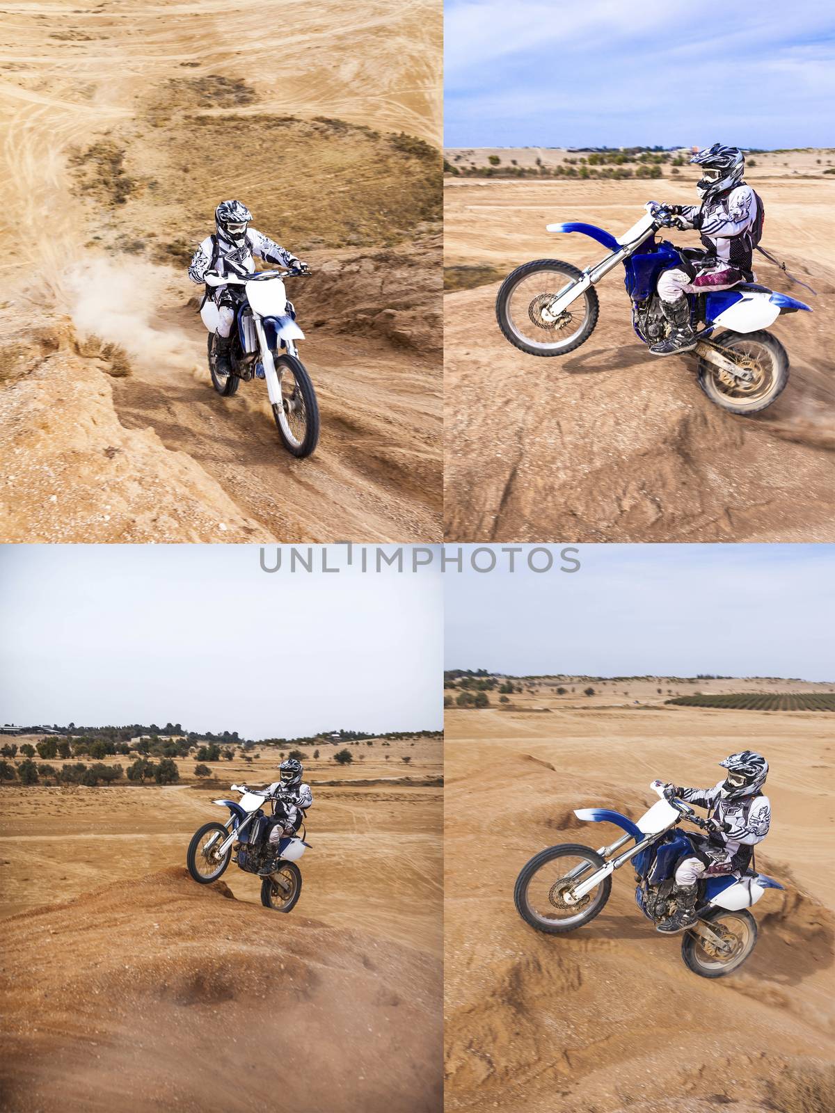 racer on a motorcycle enters the mountain desert summer day