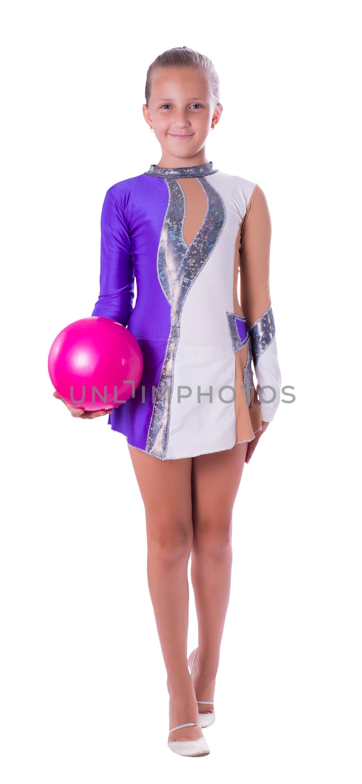 girl gymnast standing with ball isolated on white background