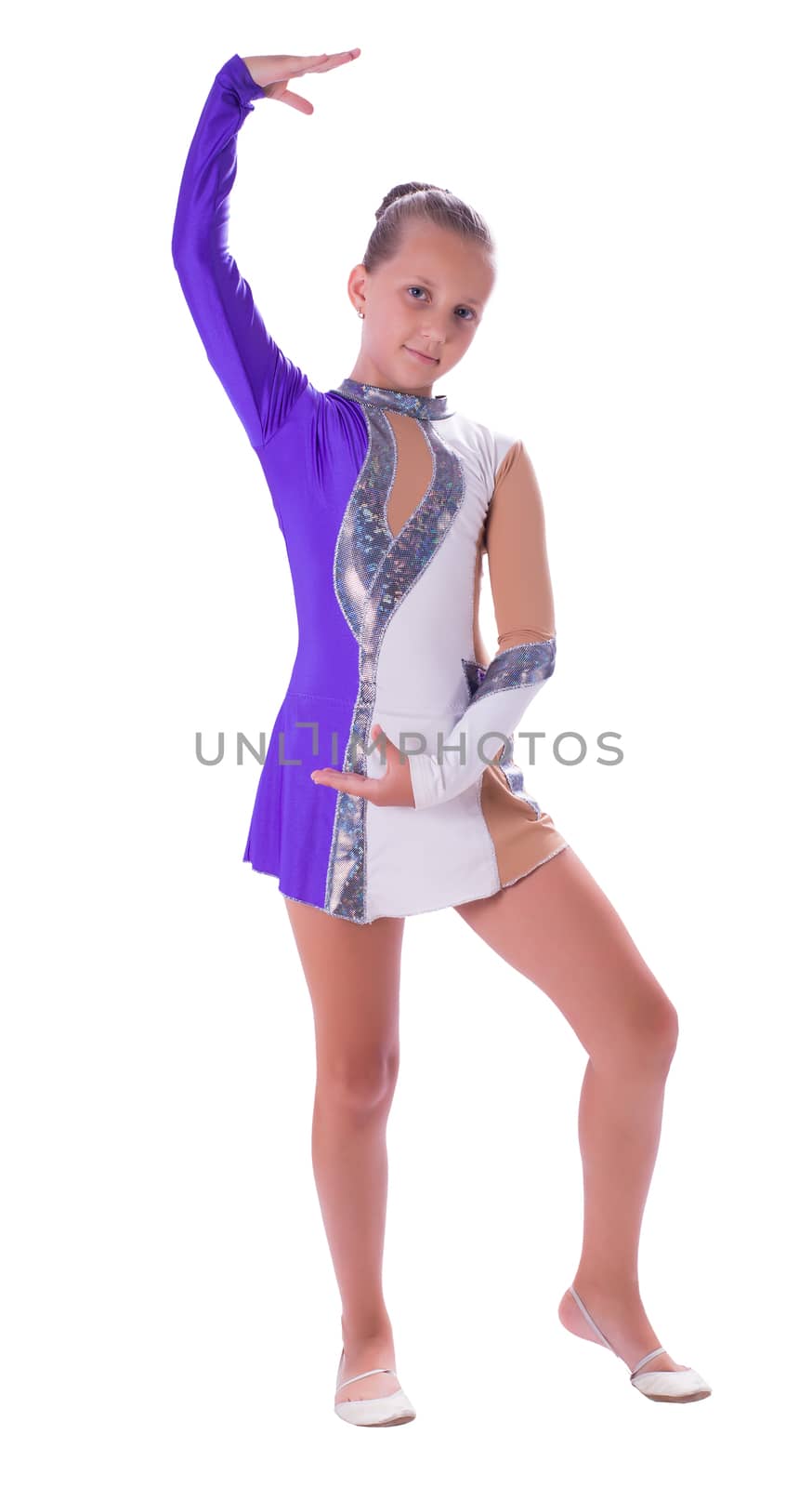 girl gymnast standing isolated white background