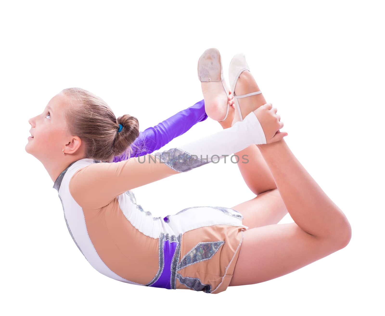 girl doing gymnastic exercises on isolated white background