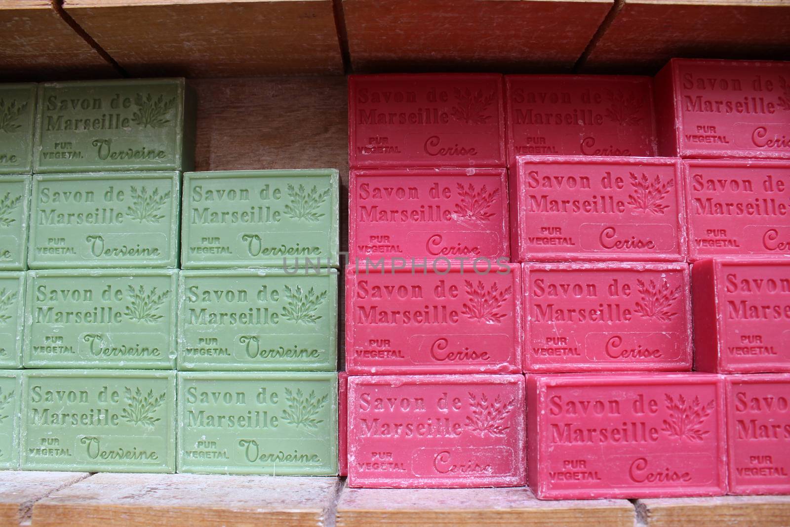 French Soaps from Marseille with different Colors and Smells. Nice, France
