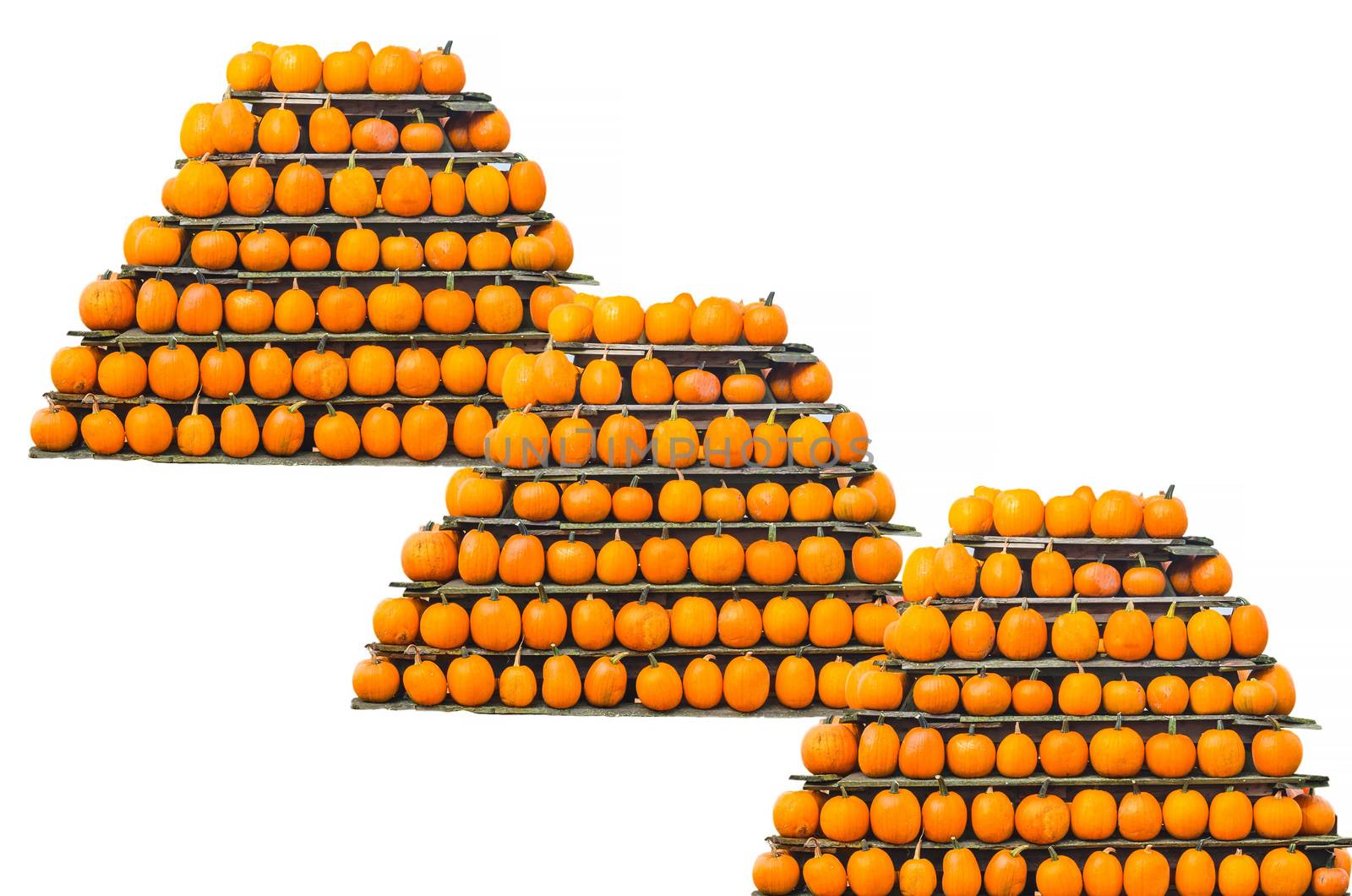 Three decorative pumpkins stacked in a pyramid shape.