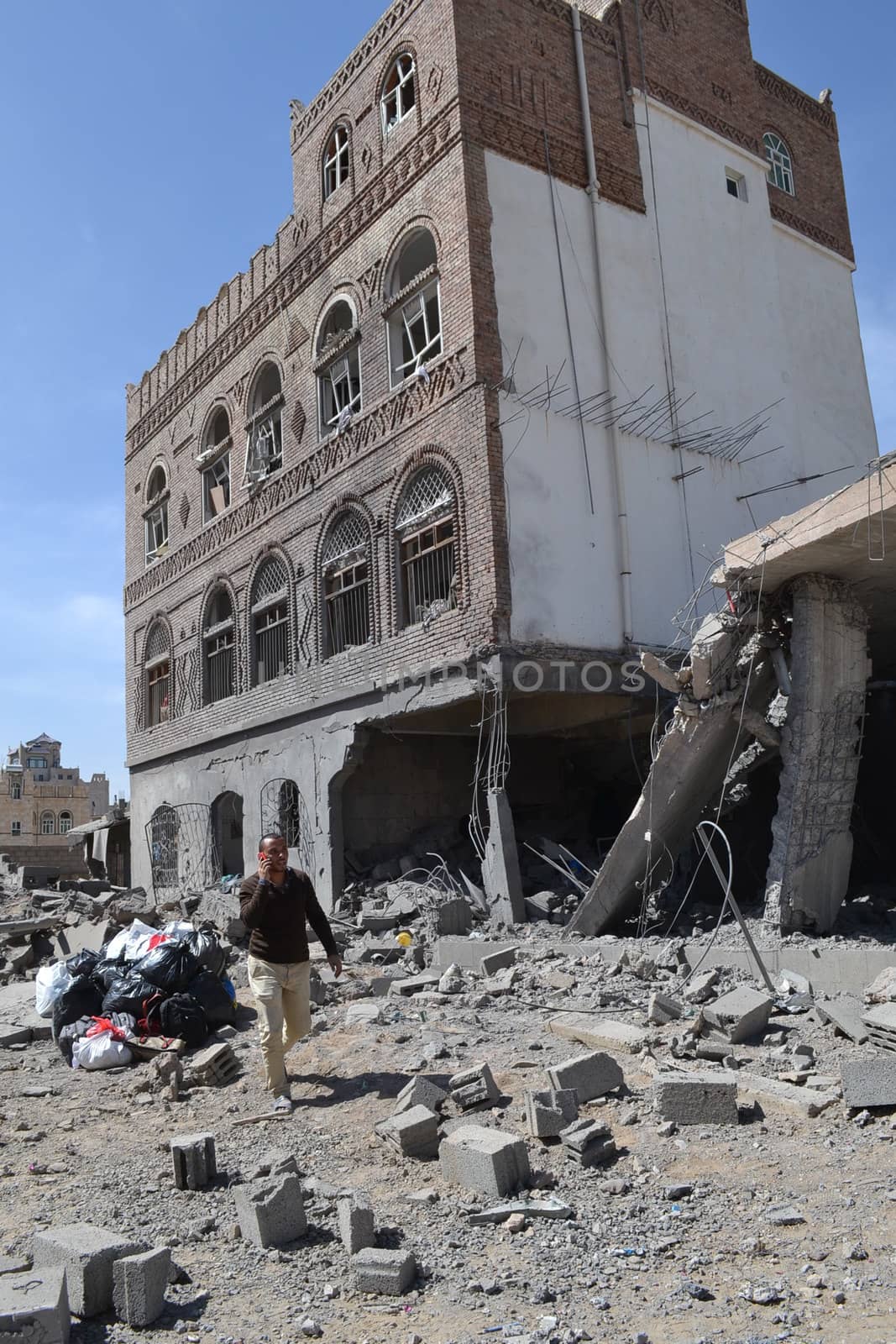 YEMEN, Sanaa: Buildings in Sanaa, Yemen show heavy damage on October 28, 2015 following recent airstrikes by the Saudi-led coalition amid a fierce civil war. According to the contributor, this photo shows the Al Jeraf neighborhood of Sanaa.