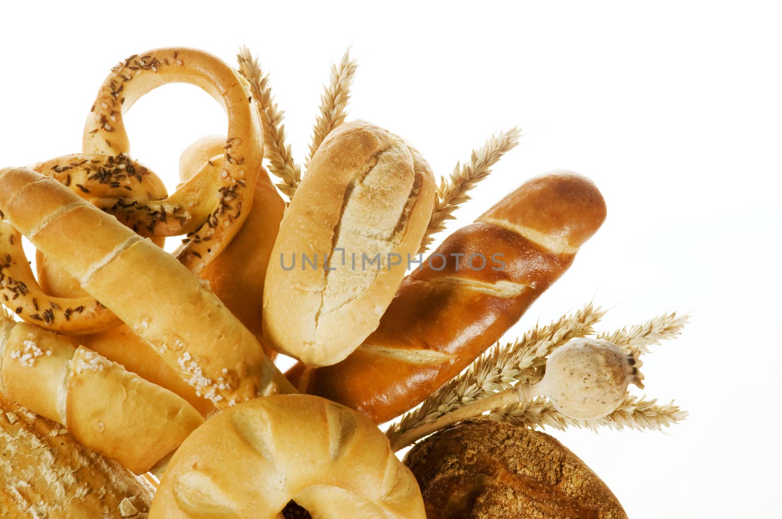 Variety of baked products on white background