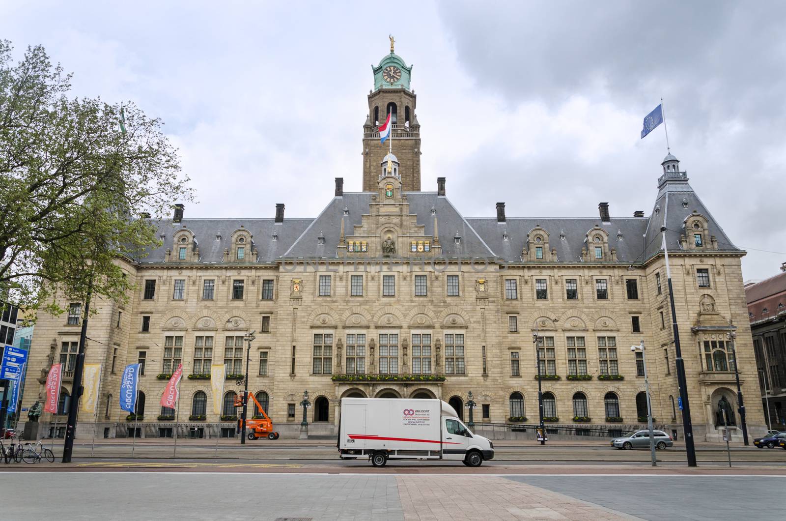 Rotterdam, Netherlands - May 9, 2015: People visit Town hall of Rotterdam on May 9, 2015. The foundation stone was laid by Queen Wilhelmina on July 15, 1915.