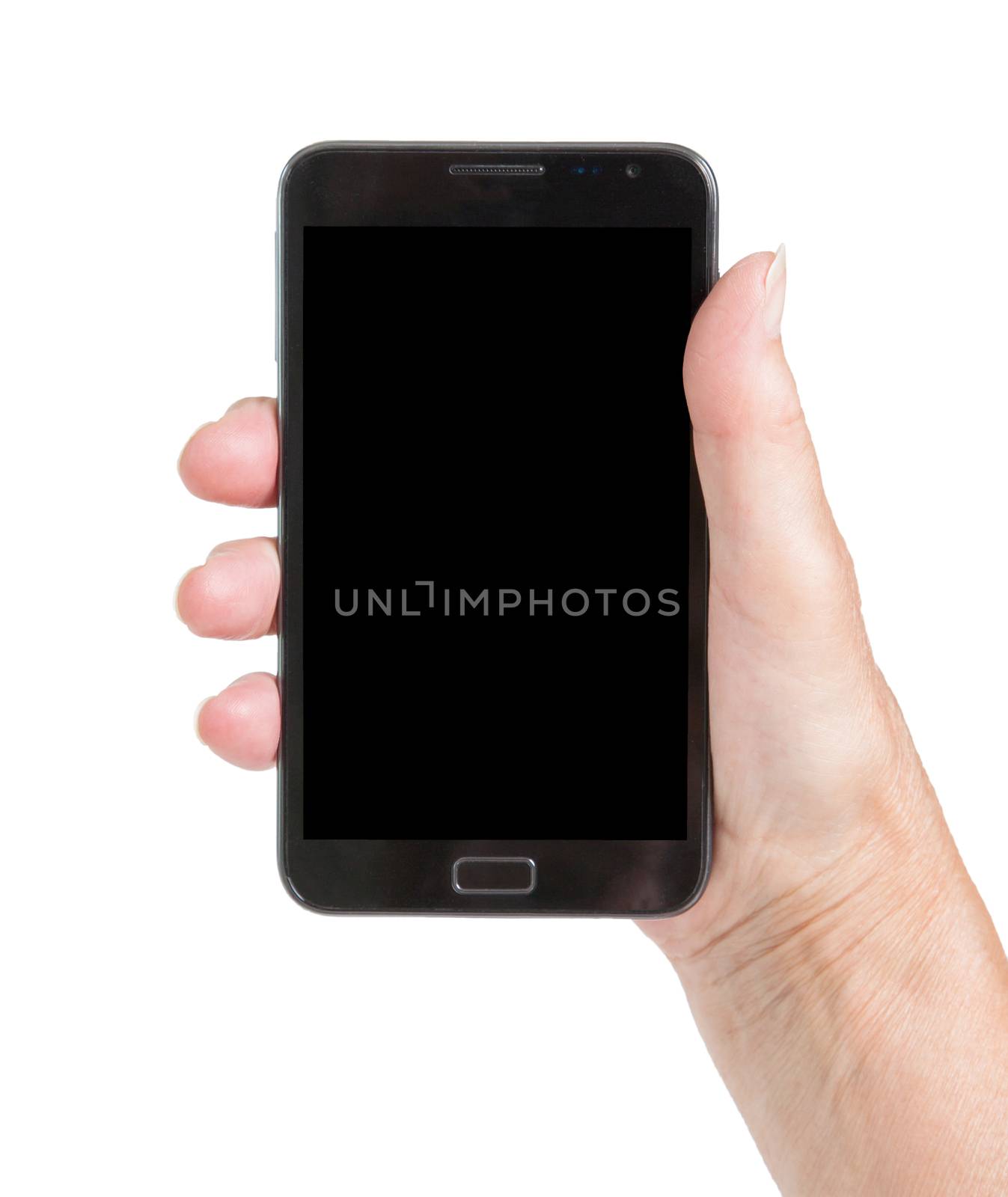 Senior woman hand with smart phone isolated on white background
