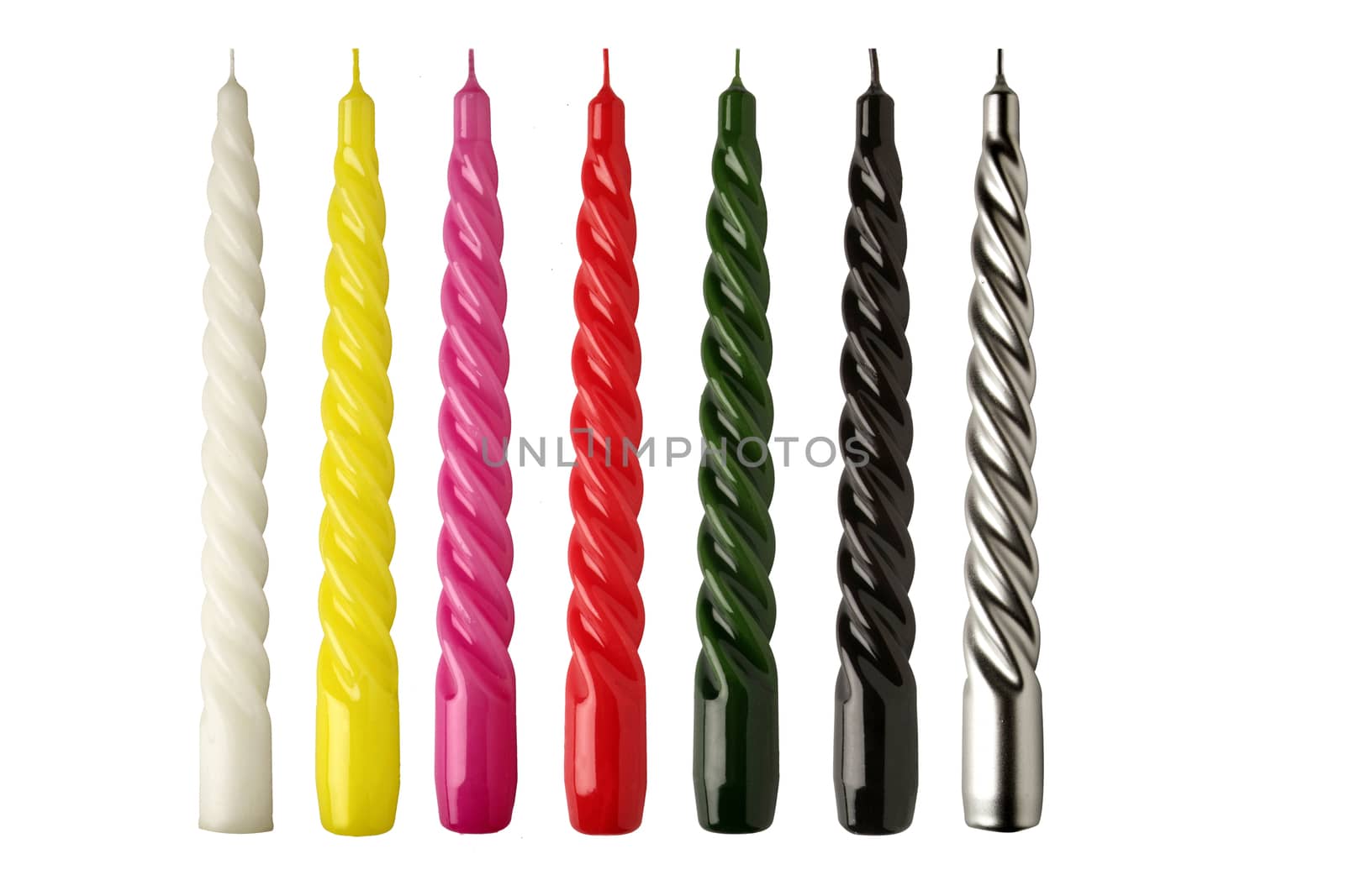 Group 7 twisted colored candles on a white background