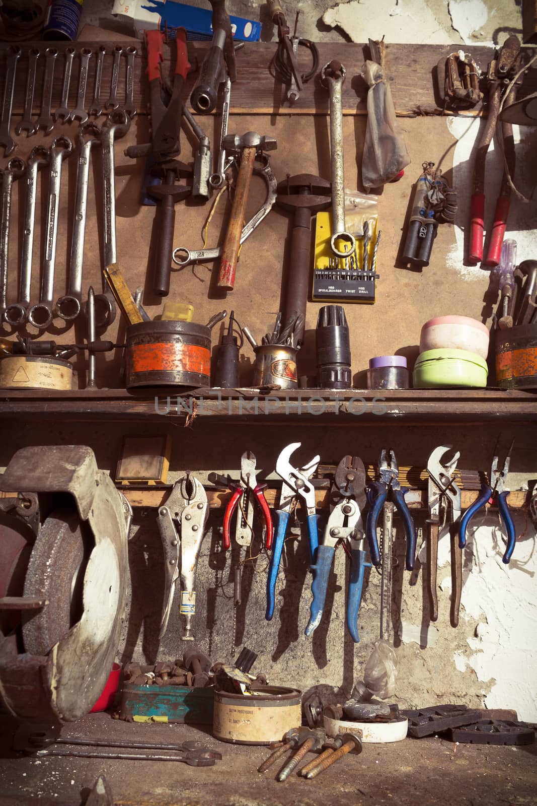 Tools in an old home workshop