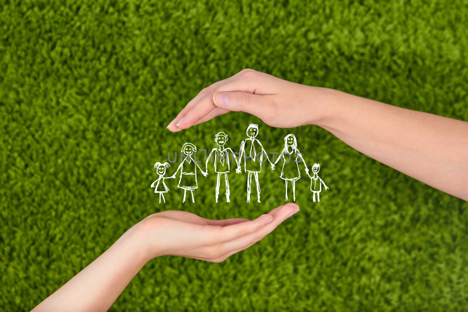 Two Woman's open hands making a protection gesture  isolated on green background.Family life insurance, protecting family, family concepts.