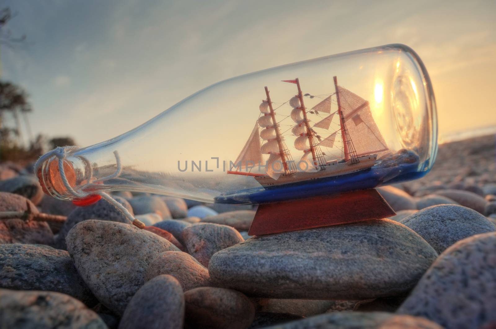 Souvenir conceptual image. Ship in a bottle.