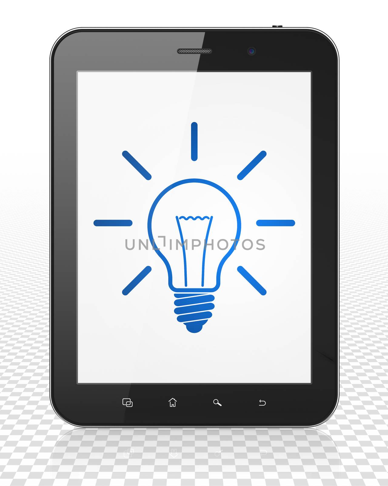 Finance concept: Tablet Pc Computer with Light Bulb on display by maxkabakov