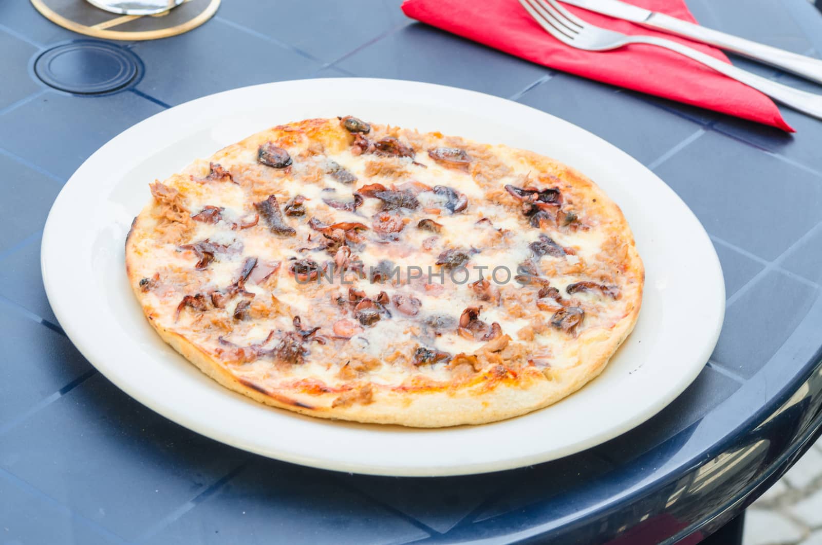 Delicious spicy pizza with seafood in a pizzeria.