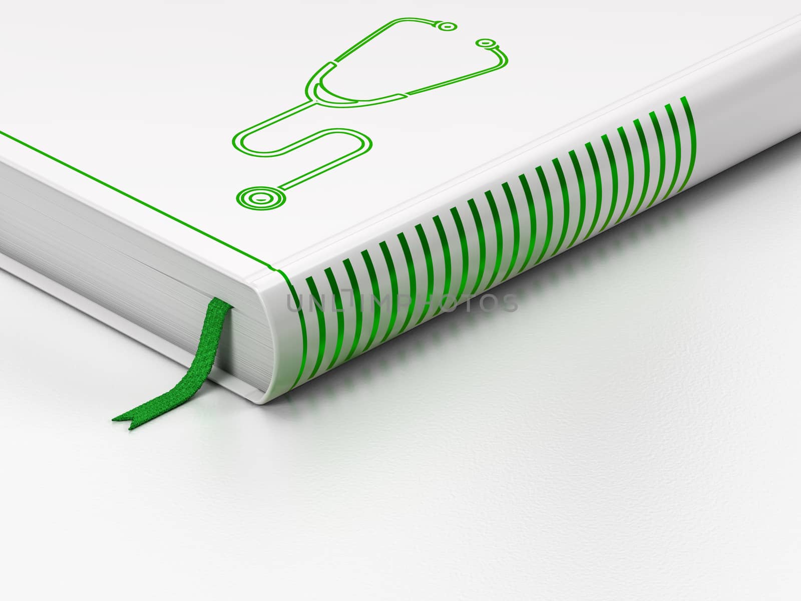 Health concept: closed book with Green Stethoscope icon on floor, white background, 3d render