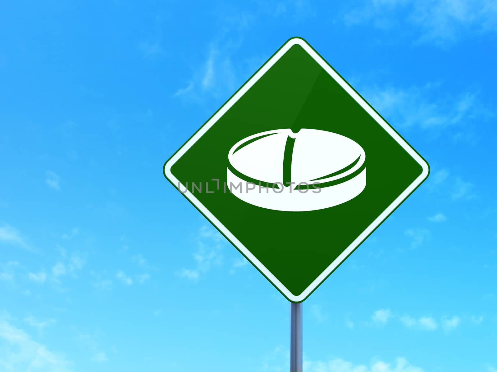 Healthcare concept: Pill on green road (highway) sign, clear blue sky background, 3d render