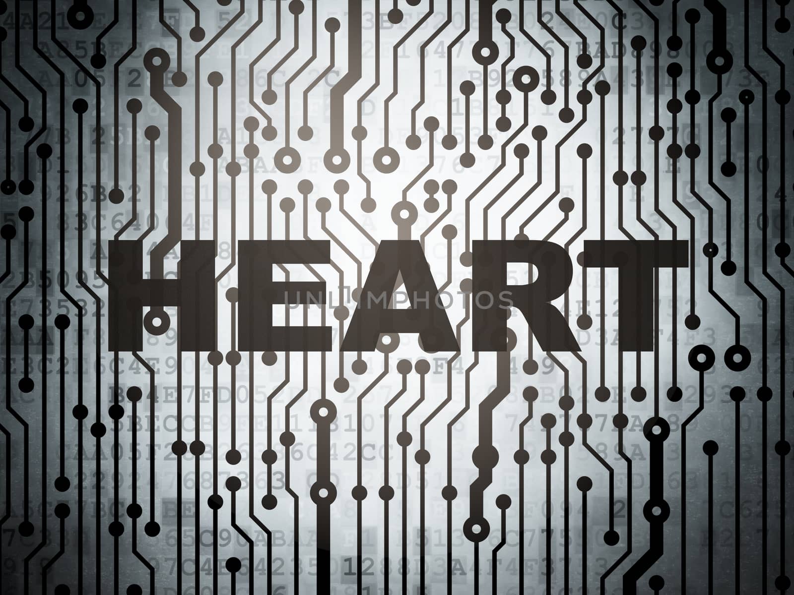 Medicine concept: circuit board with  word Heart, 3d render