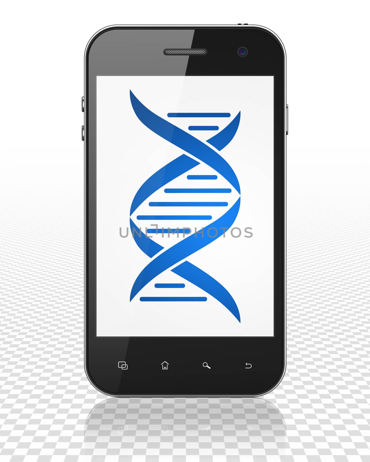Science concept: Smartphone with blue DNA icon on display