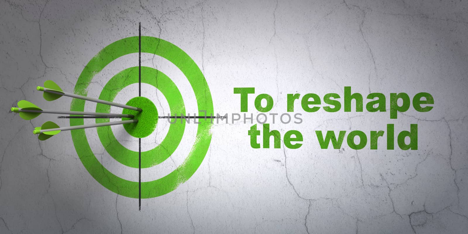 Success political concept: arrows hitting the center of target, Green To reshape The world on wall background