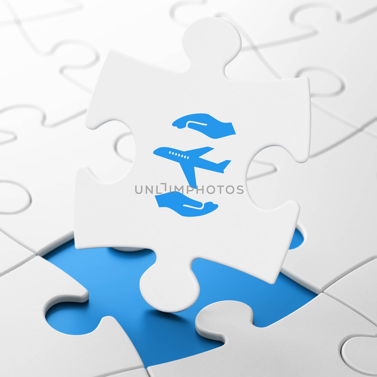 Insurance concept: Airplane And Palm on White puzzle pieces background, 3d render