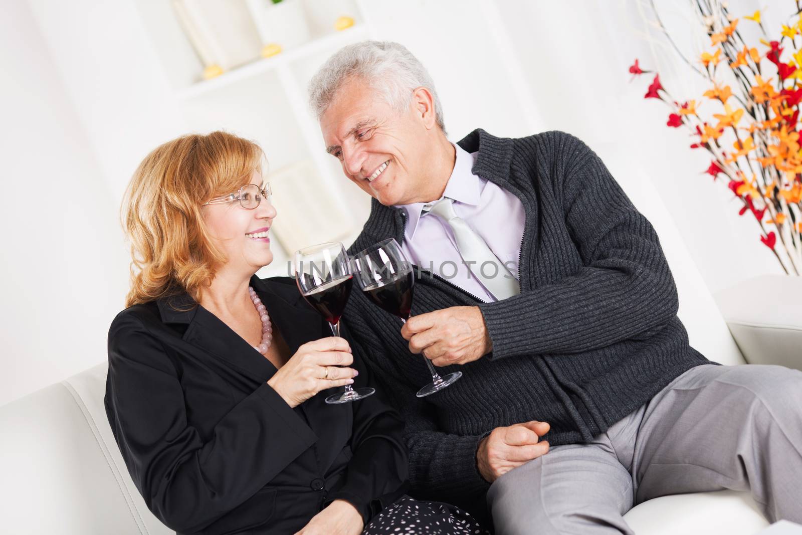 Happy senior couple sitting together at home, smiling and drinking red wine.