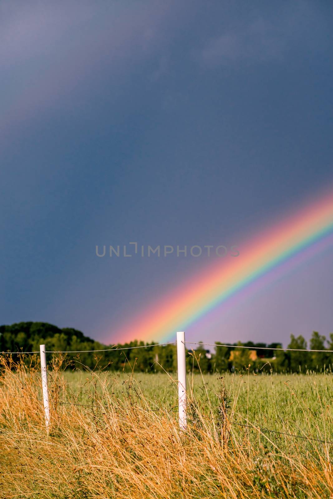 Rainbow coming over a field with a white fence