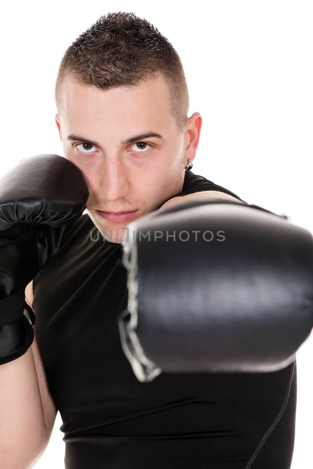 Portrait of Young boxing men is giving a direct punch.