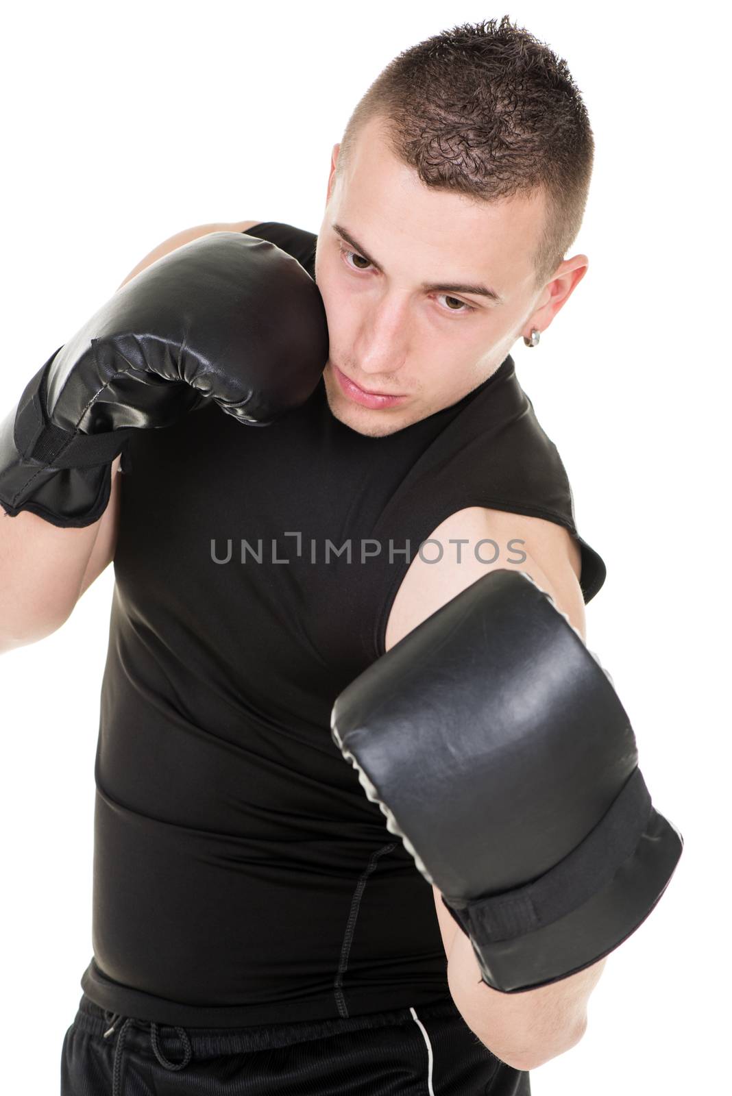 Portrait of Young boxing men is giving a uppercut punch.
