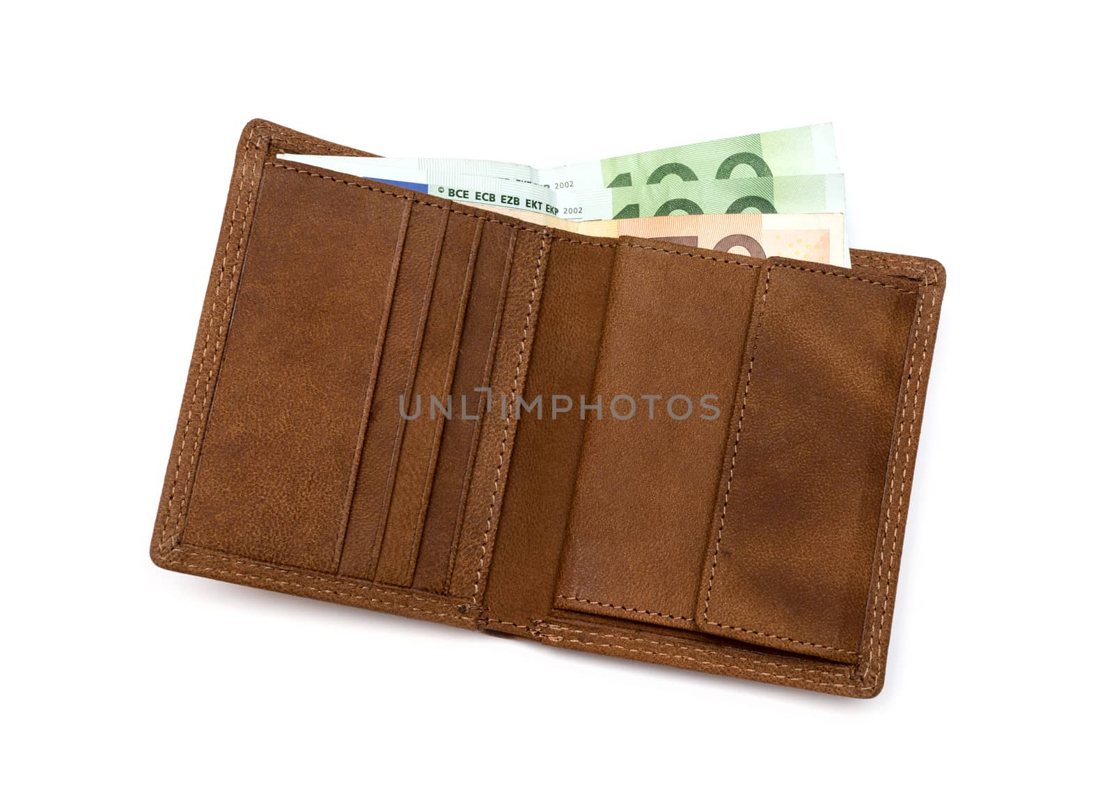 brown leather wallet with money isolated on white background by DNKSTUDIO