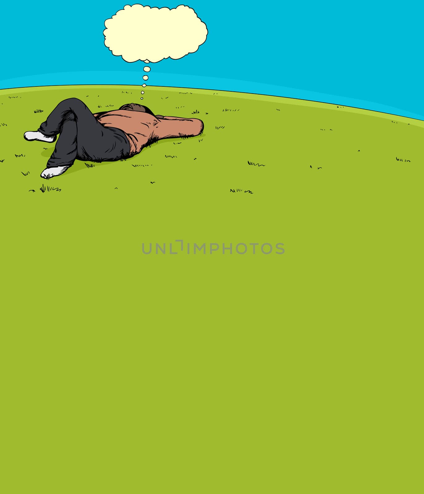 Single adult male thinking while laying down on grass