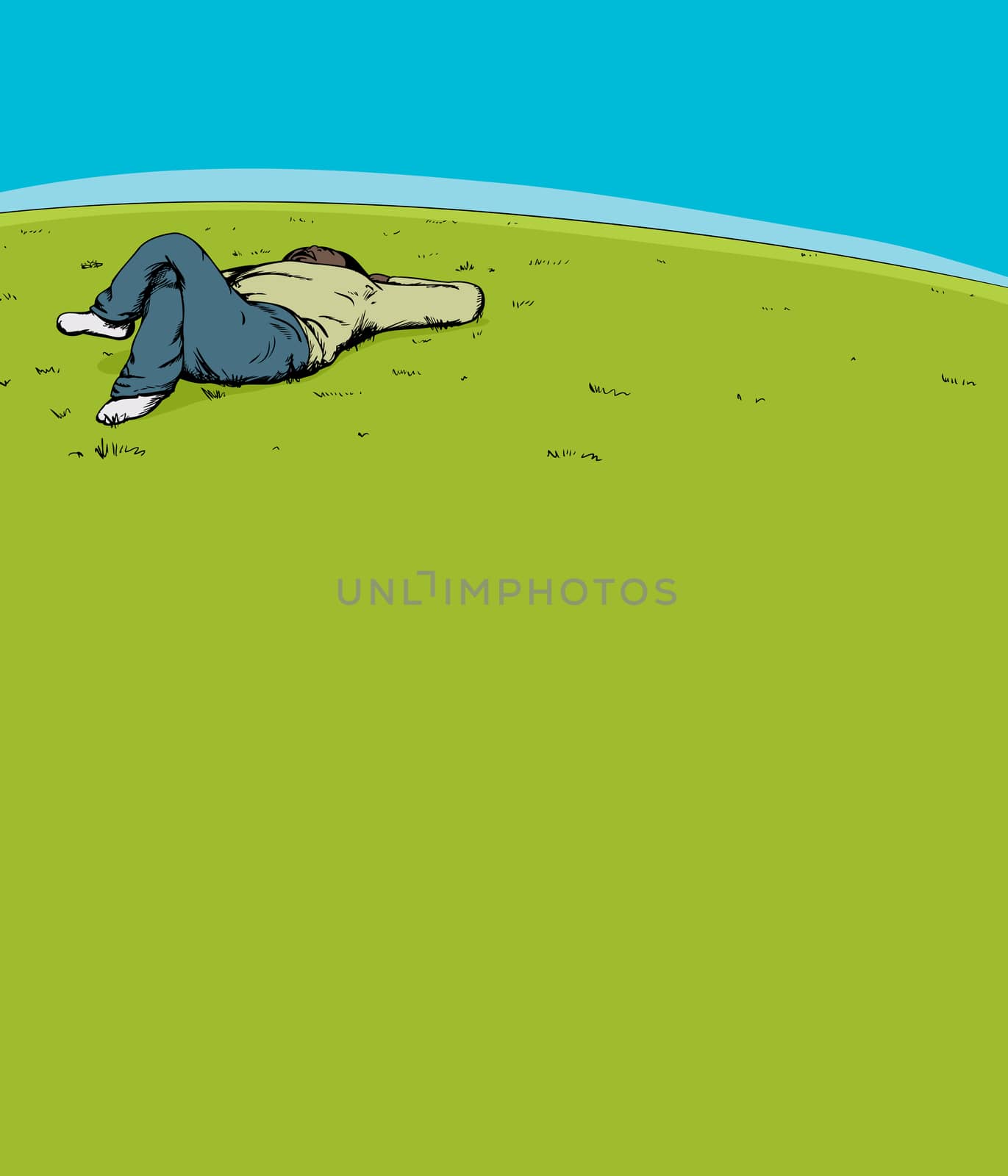 Cartoon of calm man sleeping on grassy hill