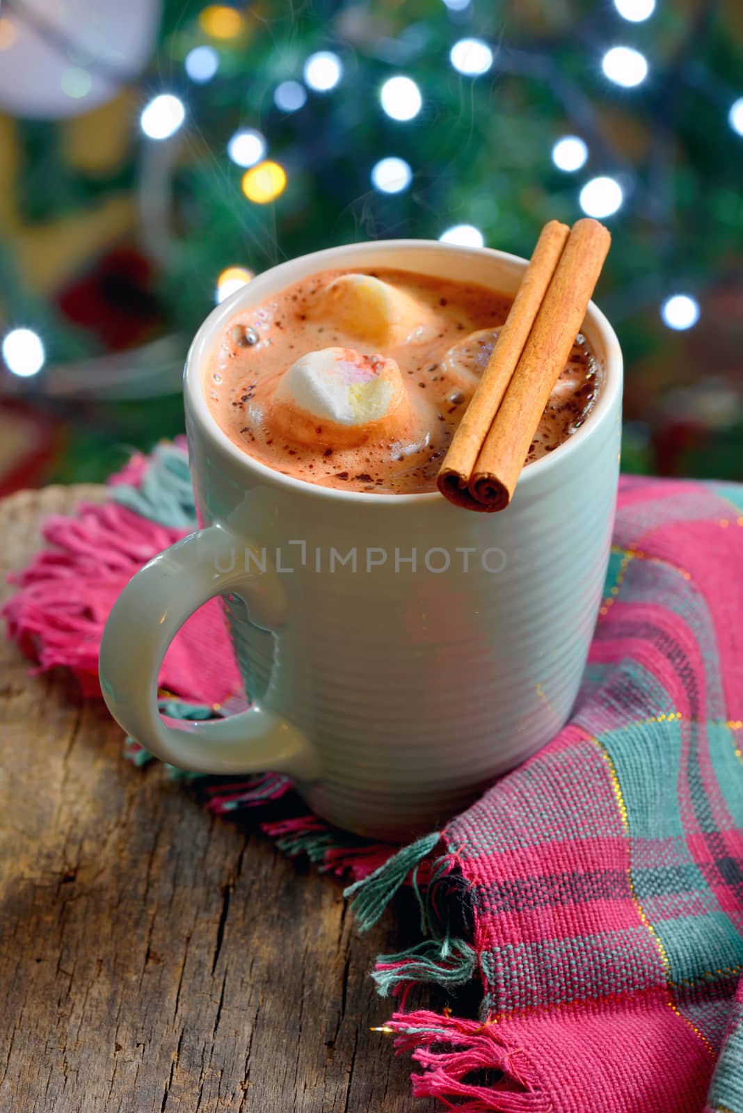 Hot chocolate with marshmallows on old table