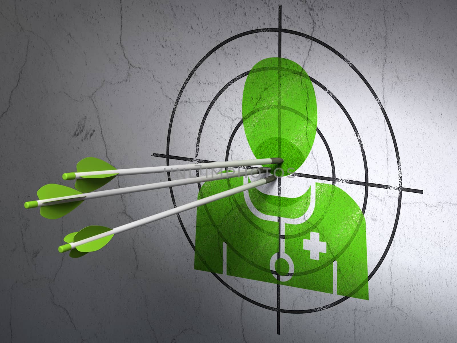 Success Medicine concept: arrows hitting the center of Green Doctor target on wall background