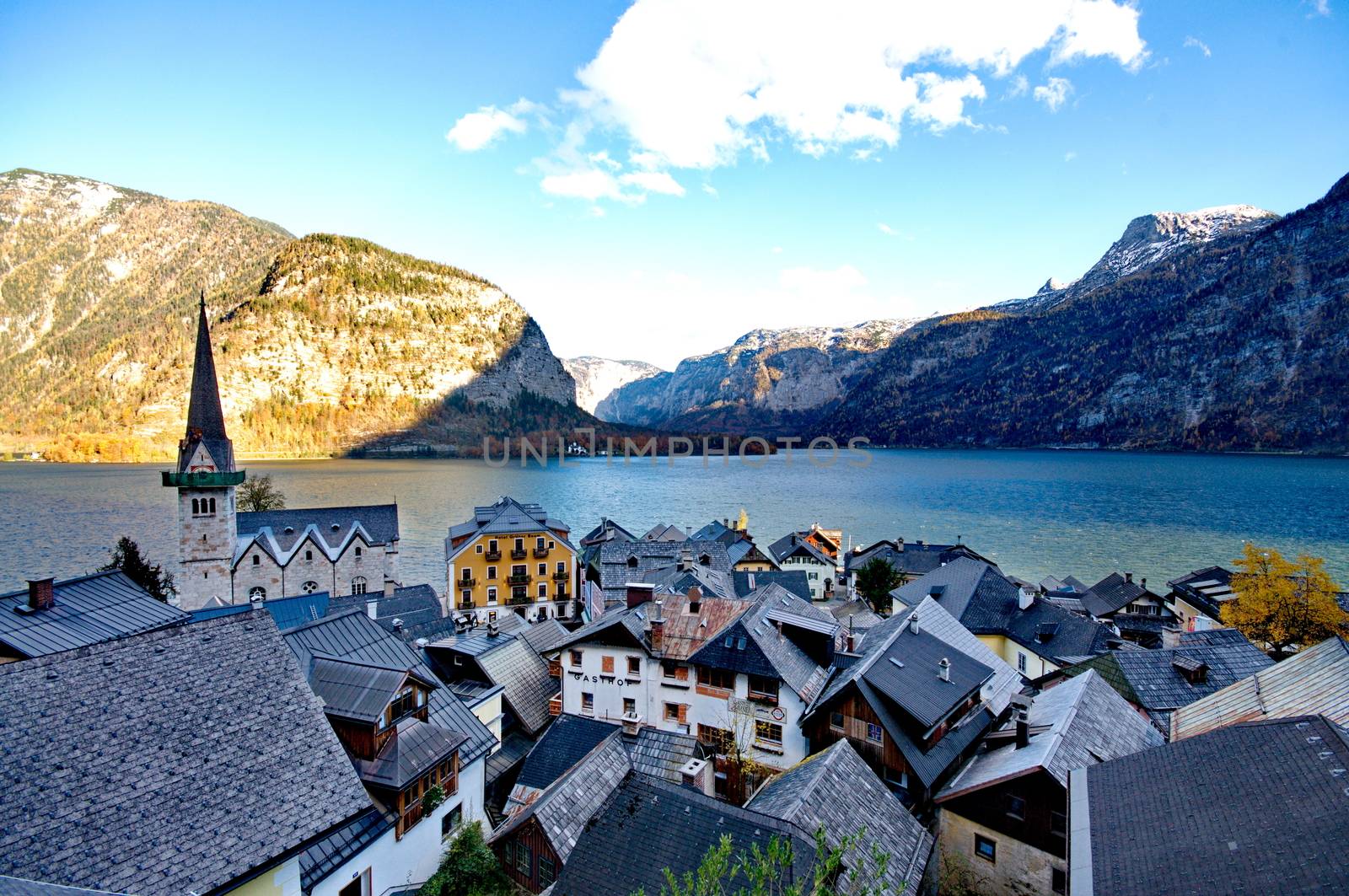 Beautiful village of Hallstatt  on the side of a lake in the Alps in Austria