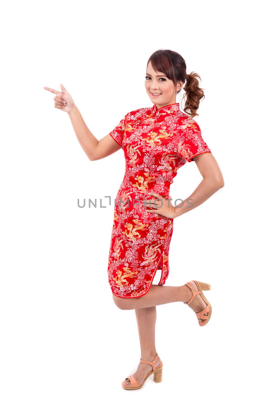 Asian Chinese girl greeting in Traditional Chinese , chinese new year, enjoy, happy