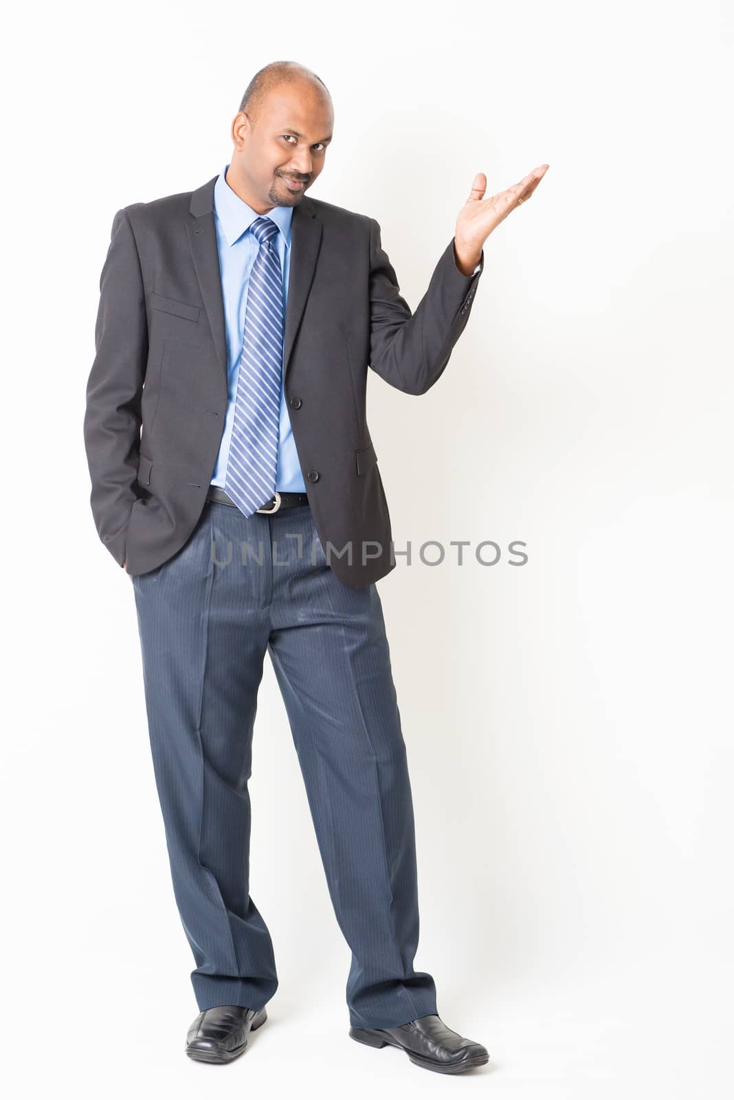 Portrait of full body mature Indian business man hand showing something, standing on plain background.