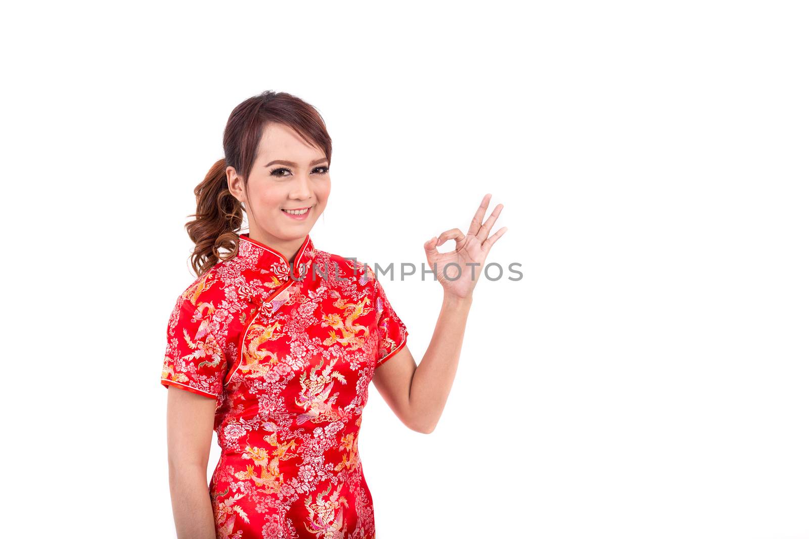 Asian Chinese girl greeting in Traditional Chinese , chinese new year, enjoy, happy, ok success